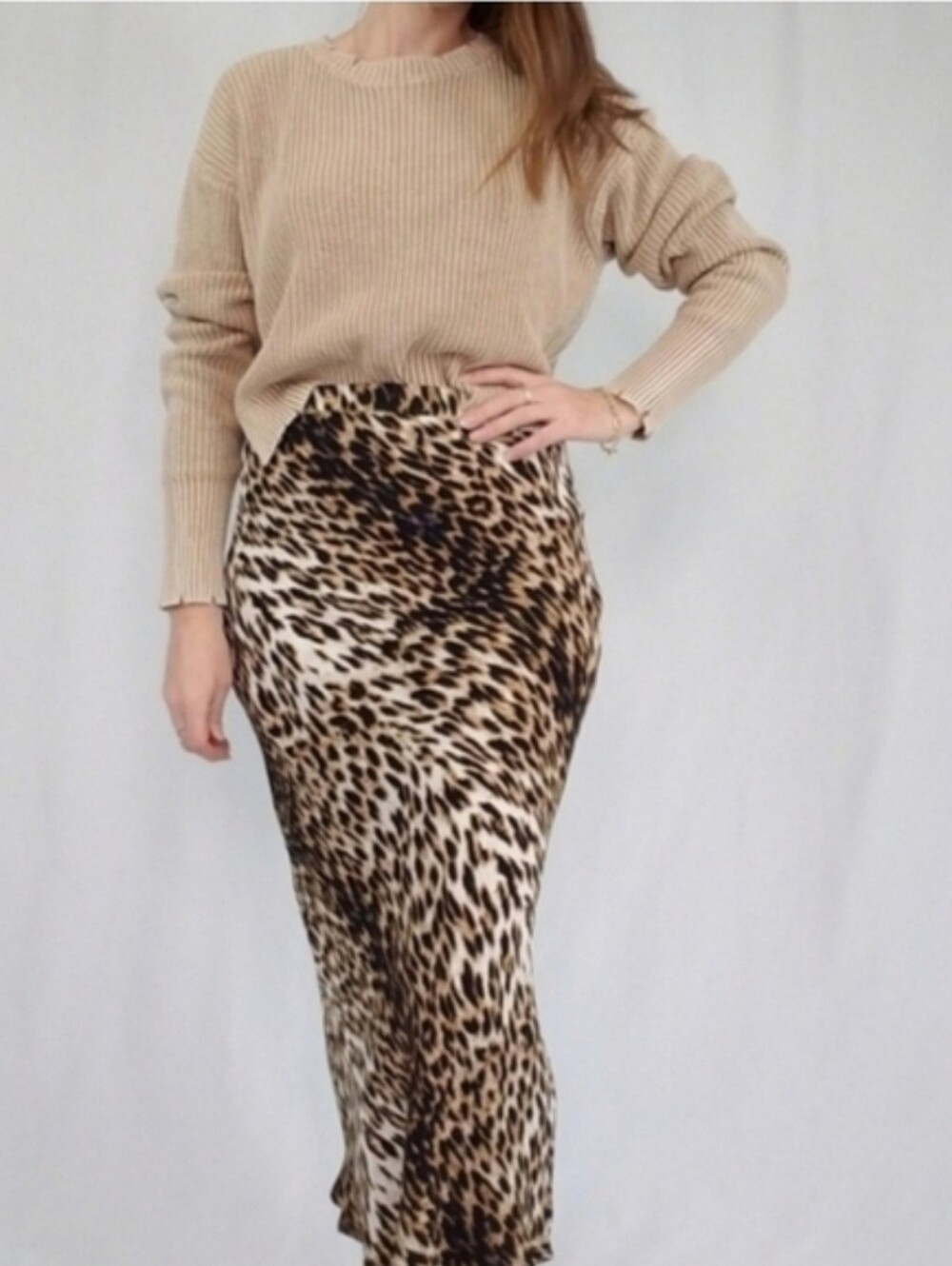 Olivaceous Chic Leopard Print High Waist Midi Skirt Beige Brown Animal Print